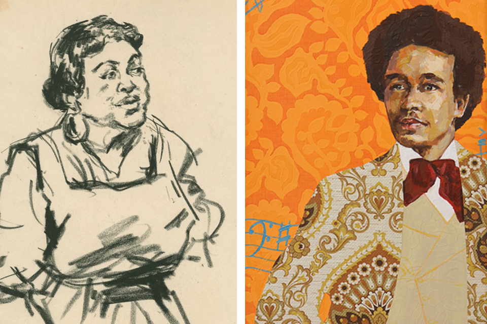 A drawing of a woman with dark hair, hoop earrings and a pinafore next to an artwork of Samuel Coleridge-Taylor, a black man wearing a beige patterned jacket with an orange patterned background.